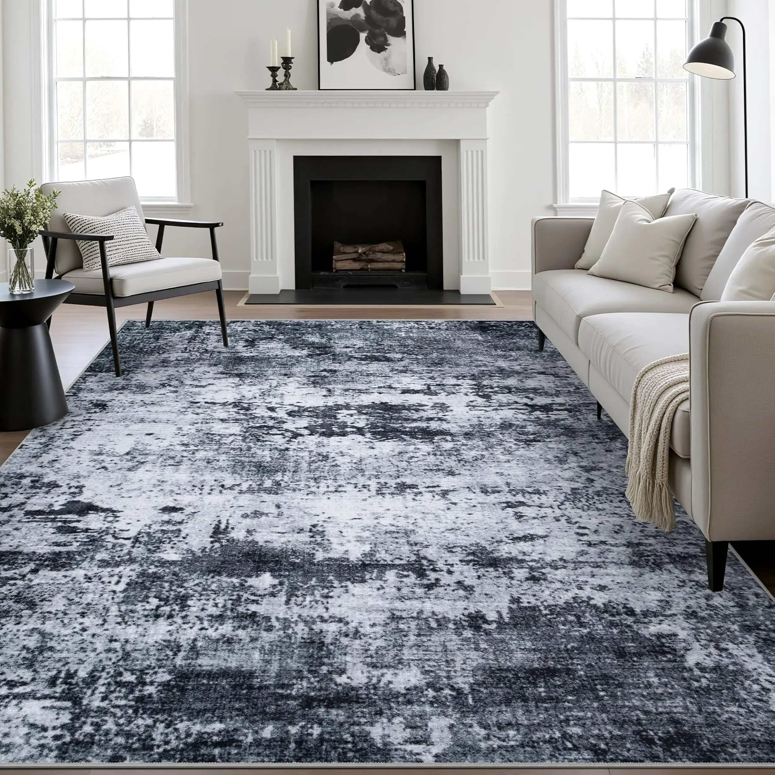 5x7 Area Rug Living Room: Washable Modern Abstract Soft Thin Rug Indoor Floor No Slip Stain Resistant Carpet for Bedroom Dining Room Farmhouse Nursery Home Office - Black